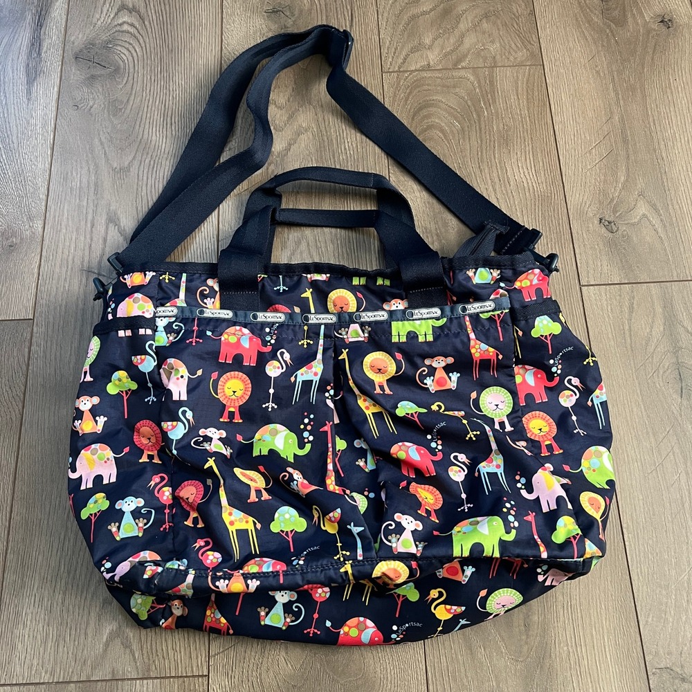 LeSportsac Ryan Baby Bag Diaper Bag Navy Blue Zoo Animal Print Nylon Tote